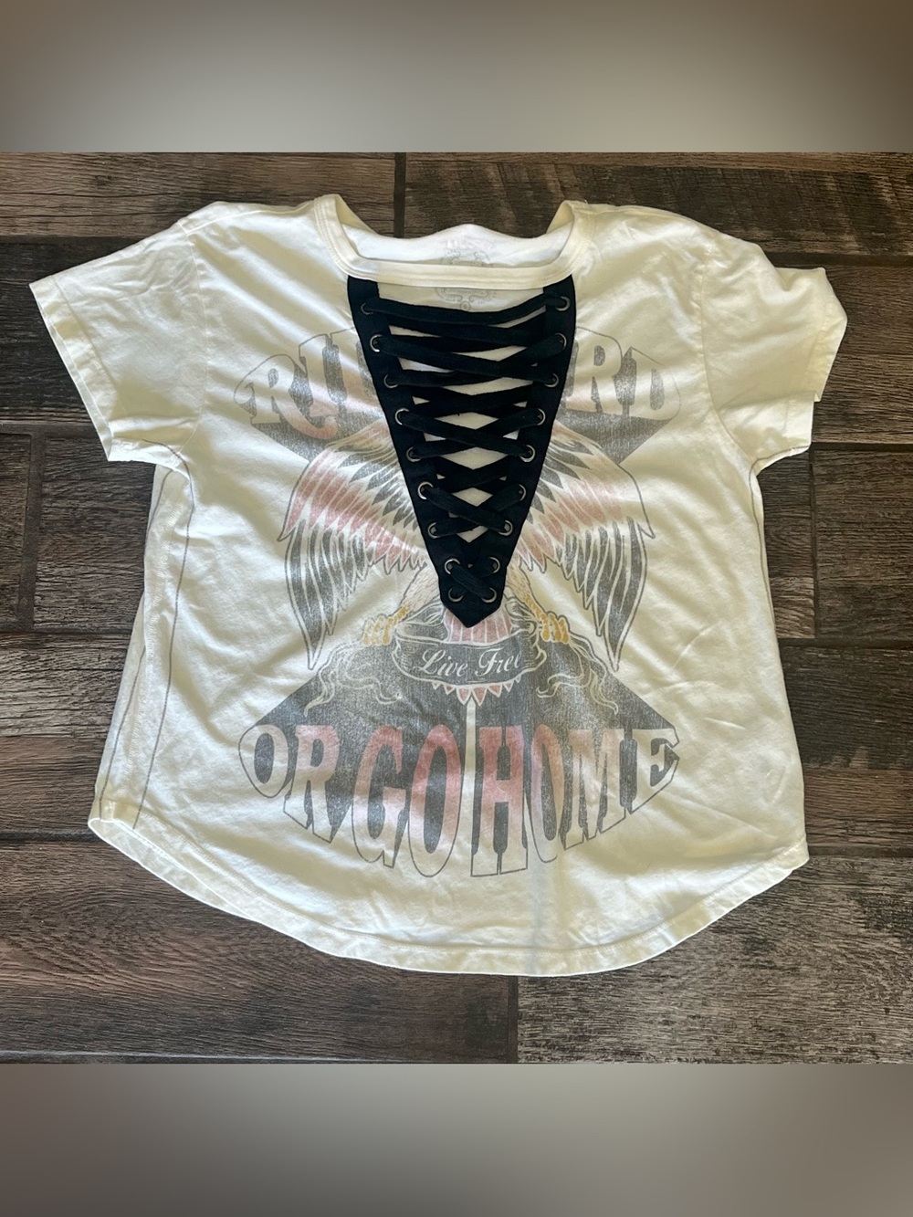 Trunk LTD Biker Themed t-shirt lace up front Ride Hard or Go Home S Live Free